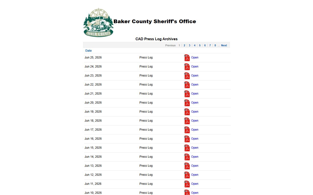 Baker County inmate records CAD press log archive