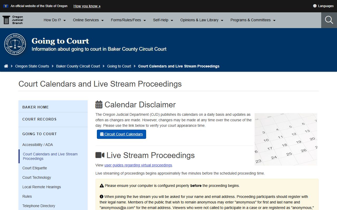 Baker County court records after arrest calendar search